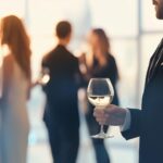 Mann im Anzug mit Weißwein in gehobener Gesellschaft – dezentes Symbol für niveauvolle Events mit Escort Frankfurt