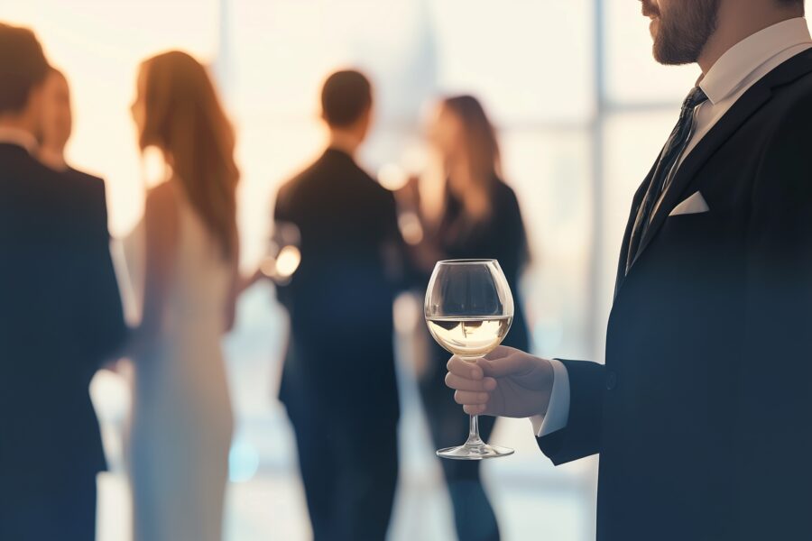 Mann im Anzug mit Weißwein in gehobener Gesellschaft – dezentes Symbol für niveauvolle Events mit Escort Frankfurt